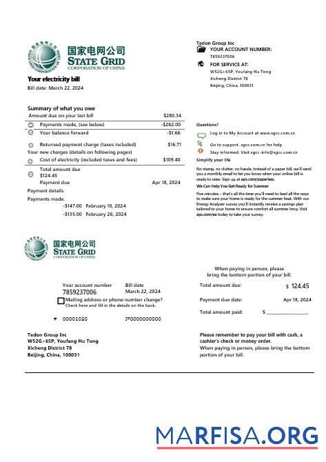 Realistic China State Grid Corporation of China electricity business utility bill in word and pdf formats sample